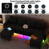 HYZQ Sectional Couches for Living Room, 4 Seat Linen Sectional Sofa with Reversible Chaise Lounge/Storage Ottoman, U Shaped Couch with Smart Module-Wireless Charging/USB/Type-C/RGB Light (Black) HYZQ