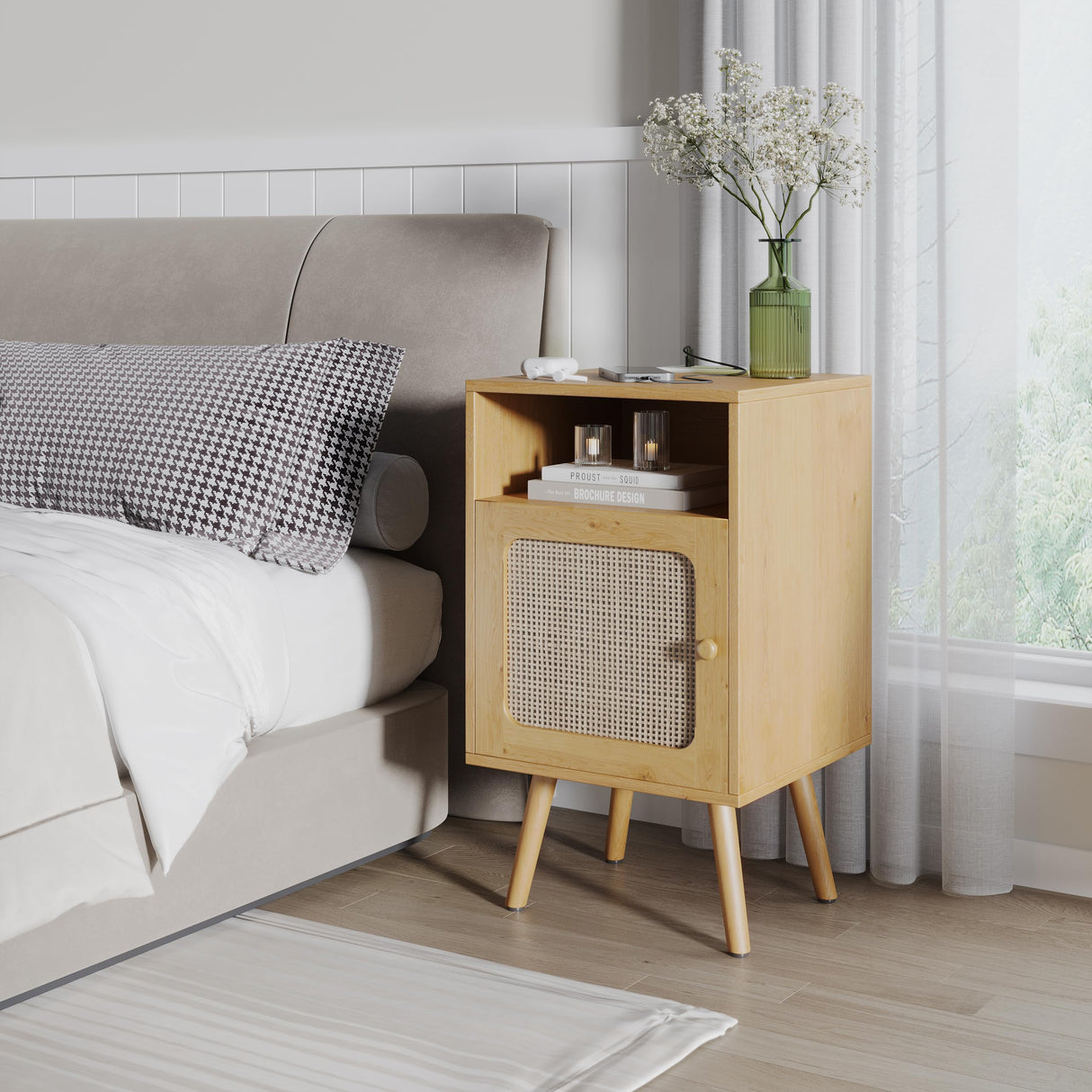 Buytime Nightstands Set of 2 with Charging Station, Boho Bedside Tables with Solid Wood Feet, Mid Century Side Table with Rattan Decorated Drawer, End Table with Storage for Bedroom, Natural, 2 Pack Buytime