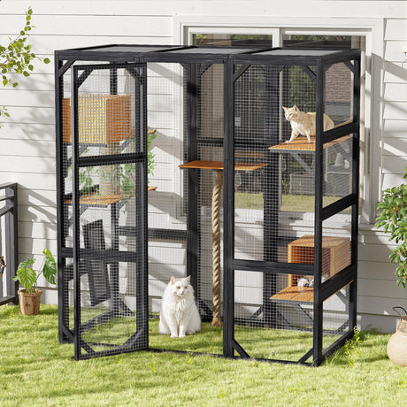 YOPTO 68.5" H Catio Outdoor Cat Enclosure, Large Cat House with Double Enter Doors for Mulitiple Cats Walk in Cats Cage, Wooden Cat Shelter with 3 Jumping Platforms & 2 Napping Houses,Black Brown YOPTO