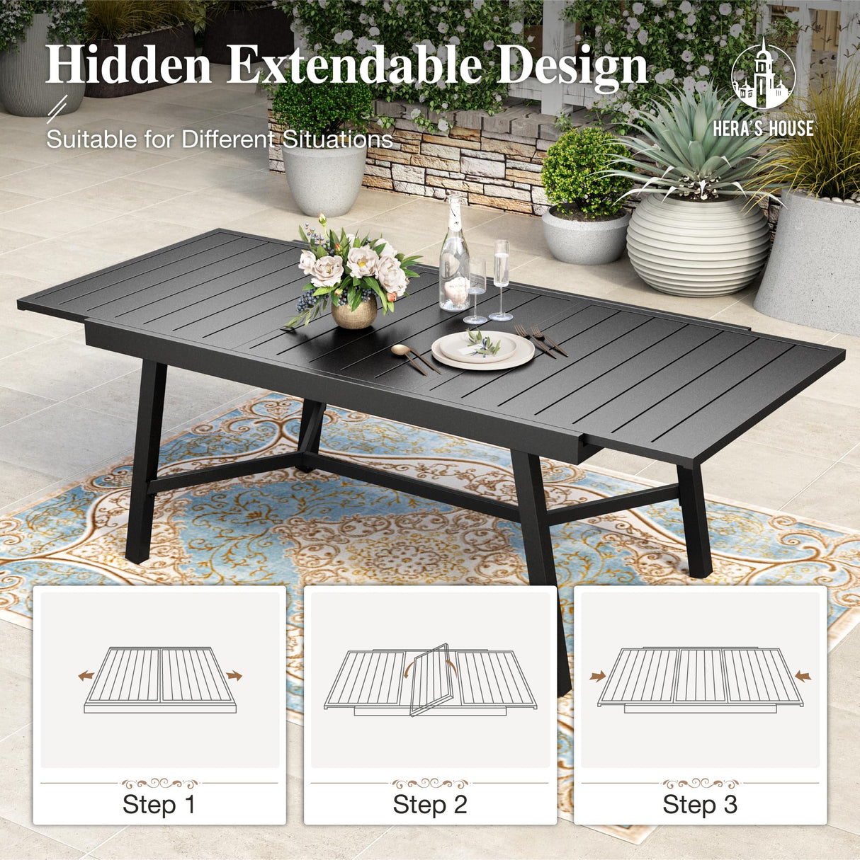 HERA'S HOUSE Extendable Patio Table and Chairs Set for 8, 9 Pieces Outdoor Dining Sets, 61"-84" Rectangular Metal Table with Chairs for Deck Lawn Garden Porch HERA'S HOUSE