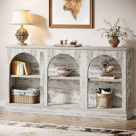 Tribesigns Farmhouse Console Table, 63-Inch Long Entryway Table with 3 Tier Storage, Wooden Rectangular Sofa Table Behind The Couch for Entrance, Hallway, Living Room, Distressed White Tribesigns
