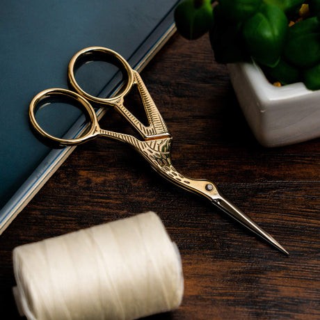 SINGER 4 Inch Forged Embroidery Scissors with Curved Tip for Sewing, Cross-Stiching, Crafts, & More (Gold Stork Design, 1-Pack) Singer