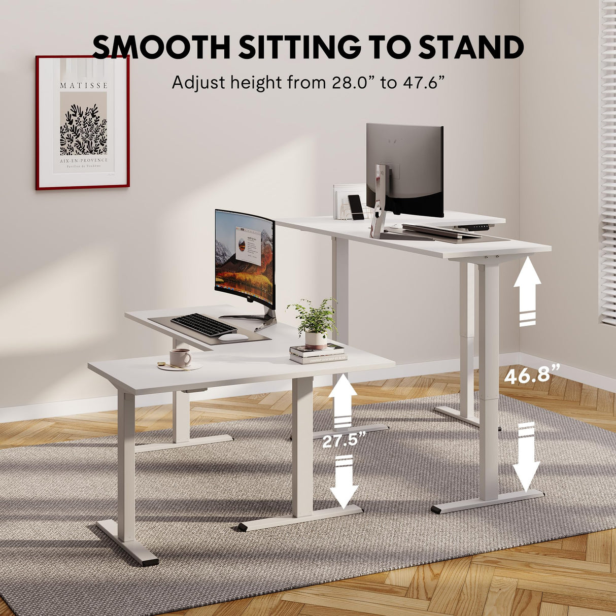 SANODESK L Shaped Standing Desk, Electric Standing Gaming Desk Adjustable Height, Corner Stand up Desk with Splice Board, White SANODESK
