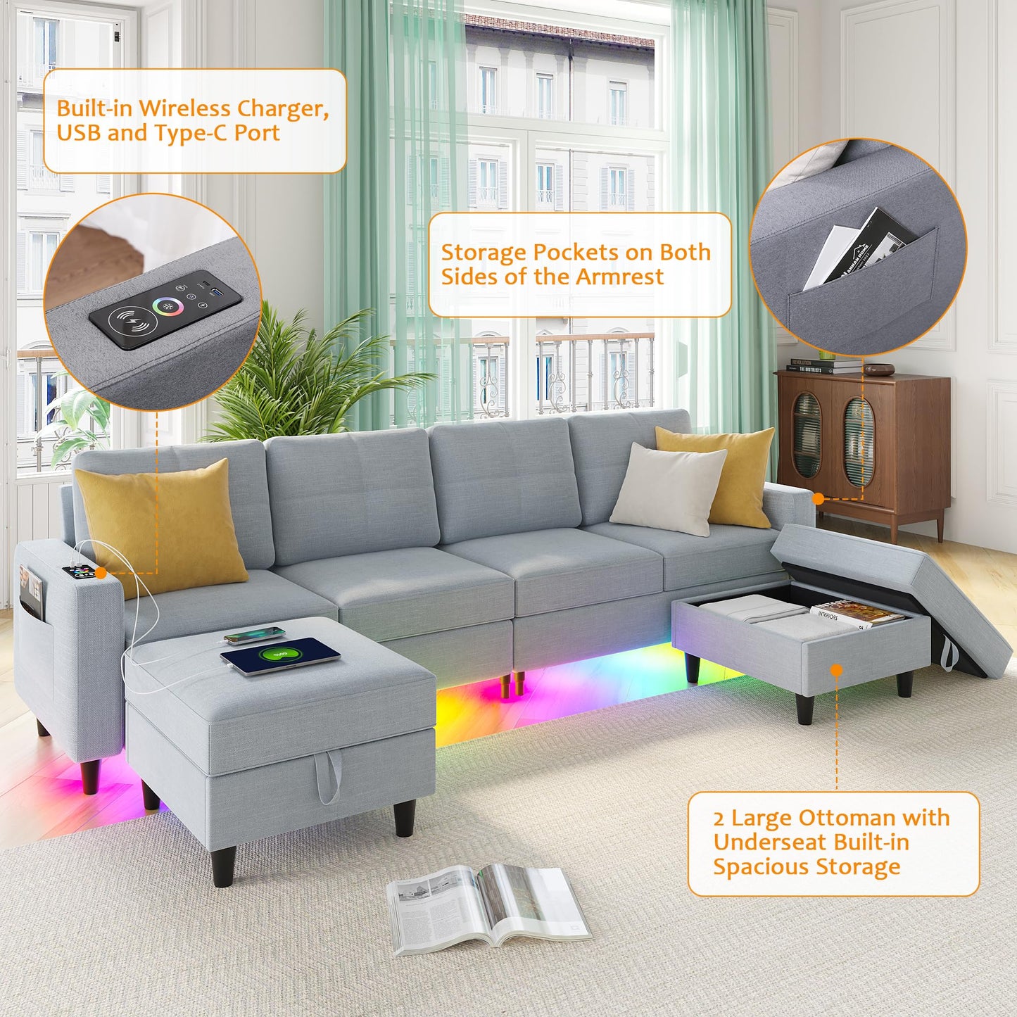 SKKTKT LED Sectional Couches for Living Room, Modular Sectional Sofa Set with Storage Ottomans, Oversized U Shaped Sofa Couch with Auto Sensor RGB Lights and Charging Station (Light Grey) - WoodArtSupply