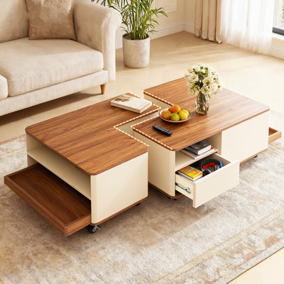vnekjse Modular Coffee Table Set of 2 with Wheels, Convertible Farmhouse Wood Center Table with Drawer, End Tables Space Saving Flexible Layout for Small Living Room, Apartment