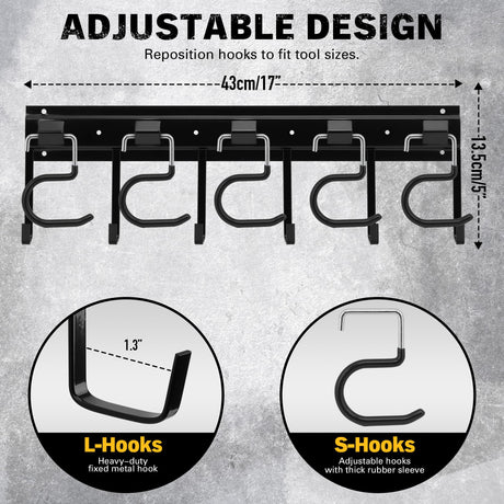 ELEAD 68'' All Metal Adjustable Garden Tool Organizer: Garage Tool Organizer Wall Mount with Black Garage Hooks, Garage Organizers and Storage, Tool Organizer for Broom Rake Holder Shovel ELEAD