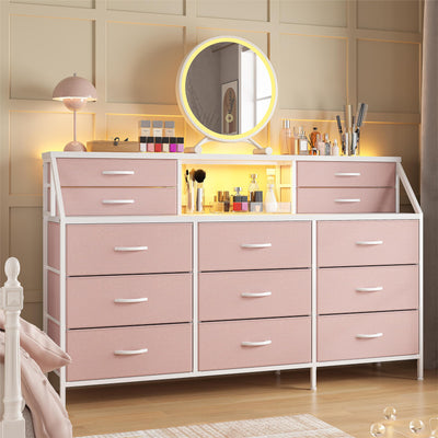 EnHomee 55”W Dresser for Bedroom, Pink Dresser for Bedroom, Dresser with 13 Large Drawer, Dressers & Chests of Drawers, Bedroom Dresser with 2 Shelves, Long Dresser for Closet