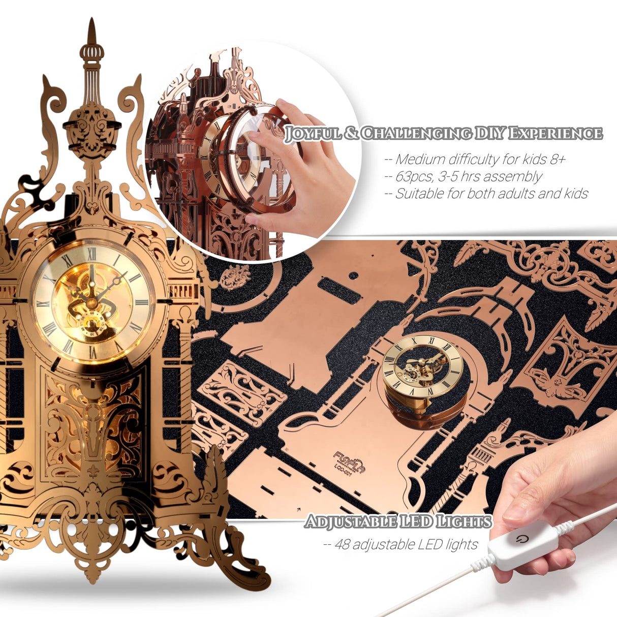 FUNPOLA LED 3D Puzzle Clock Building Model, 3D Acrylic Puzzle Tower Clock Building Model Desktop LED Ornament Clock Home Decor Elegant Gifts for Teens/Adults (LED-TC03 Arcylic) FUNPOLA