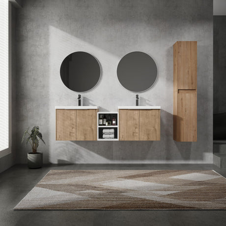 60" Floating Double Sink Bathroom Vanity Brown Wall Mount Bathroom Vanity Cabinet with Sink Combo, 60-Inch Bathroom Vanities Set with Open Storage Shelf & 2 Side Cabinet & 2 24in Bathroom Vanities Henf