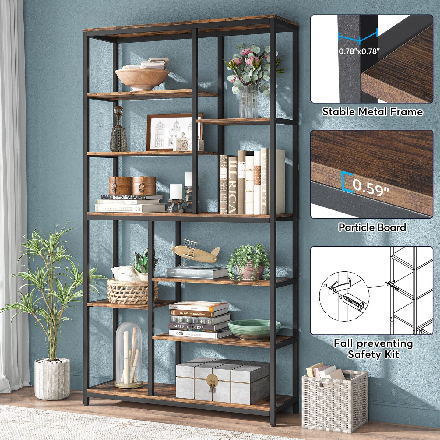 Tribesigns 79-Inch Tall Staggered 8-Tier Bookshelf in Black & Rustic Finish - WoodArtSupply