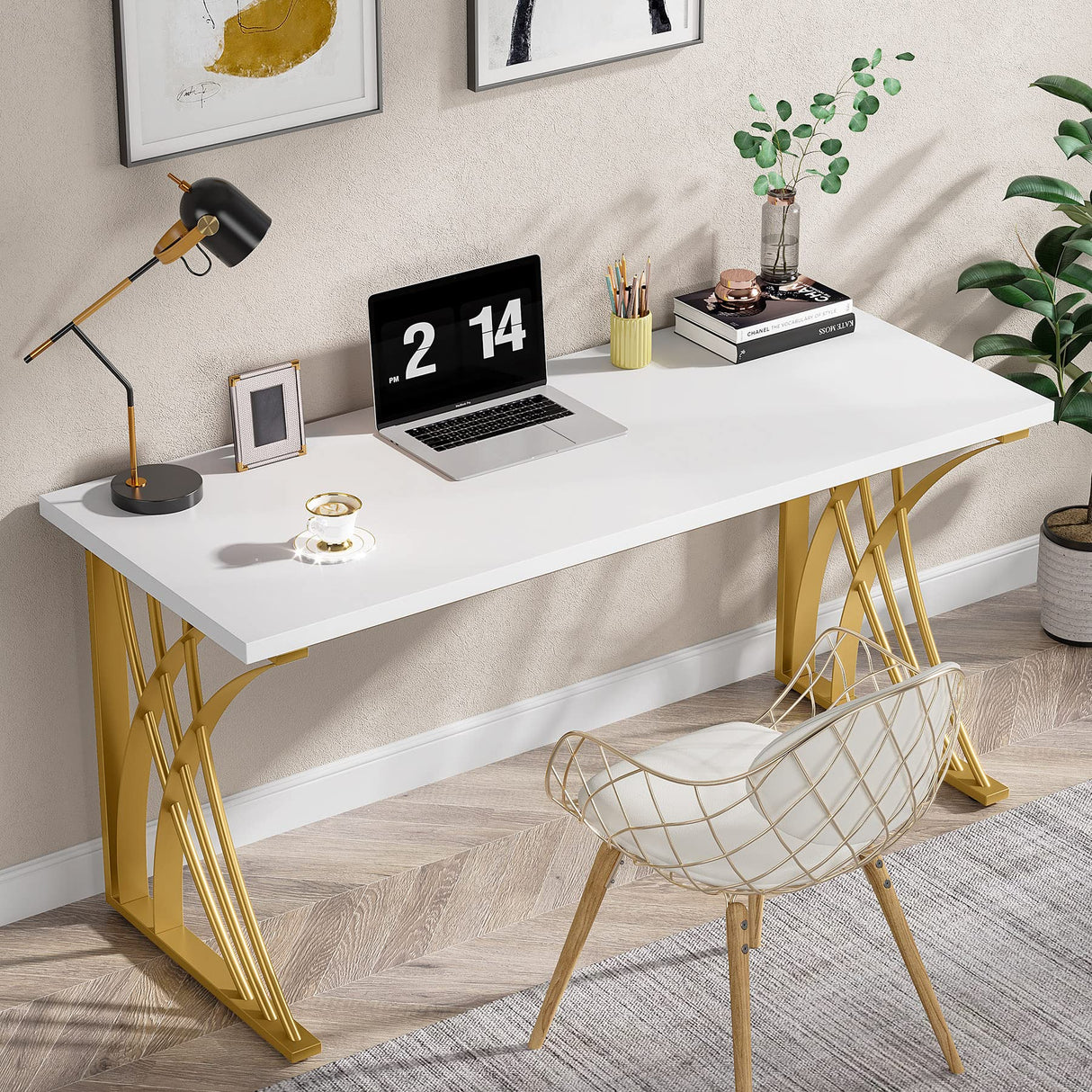 Tribesigns 55’’ Large Modern Computer Desk, White & Gold Luxury Laptop PC Student Table, Makeup Vanity Table with Thick Frame & Strong Legs, Sturdy Writing Workstation for Home & Office Tribesigns