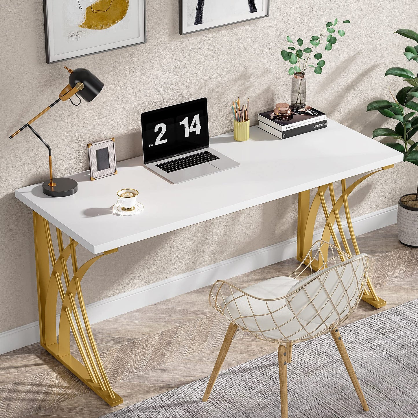 Tribesigns 55’’ Large Modern Computer Desk, White & Gold Luxury Laptop PC Student Table, Makeup Vanity Table with Thick Frame & Strong Legs, Sturdy Writing Workstation for Home & Office - WoodArtSupply