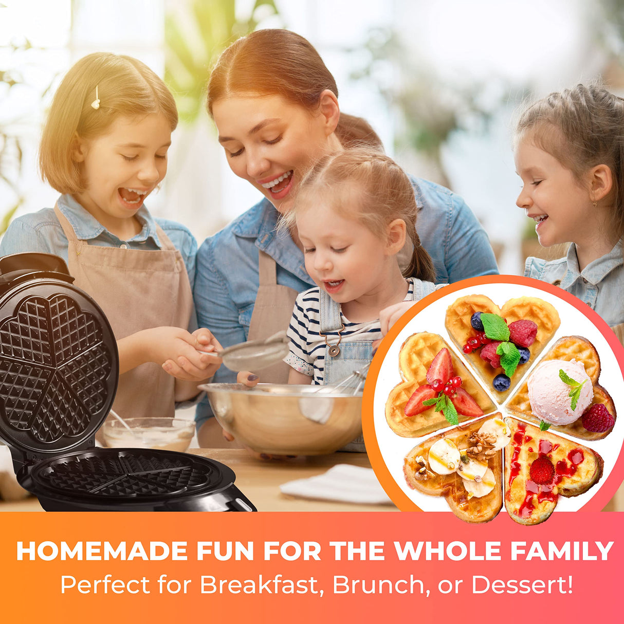 Mueller Heart Waffle Maker, 5 Waffle Iron, Adjustable Browning Control & Nonstick, Cool Touch Handle, Easy to Clean, Small Kitchen Appliances MÜELLERHOME