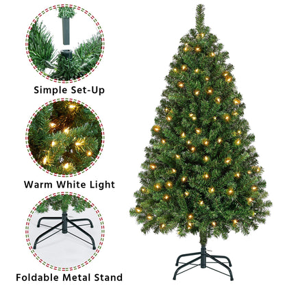 Yaheetech 4.5Ft Pre-Lit Artificial Hinged Christmas Pine Tree Prelighted Holiday Xmas Tree with Foldable Stand for Home Party Decoration with 150 Warm White Lights and 324 Branch Tips, Green