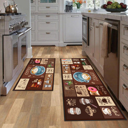 SHUNLCD Coffee Kitchen Decor Rug 2 Piece Set, Country Farmhouse Style Kitchen Floor Mat, Absorbent and Washable Runner Decorations Rug 17×30+17×47 Inches