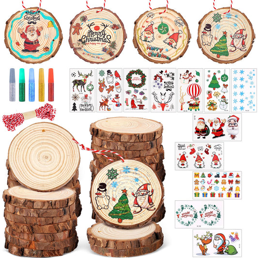 20 Pcs Christmas Natural Wood Slices 3.2-4 inches Includes Assorted Christmas Tattoo Stickers for DIY Crafts Unfinished Wood Kit Predrilled with Hole Wooden Circles Decor for Home Tree Xmas Party