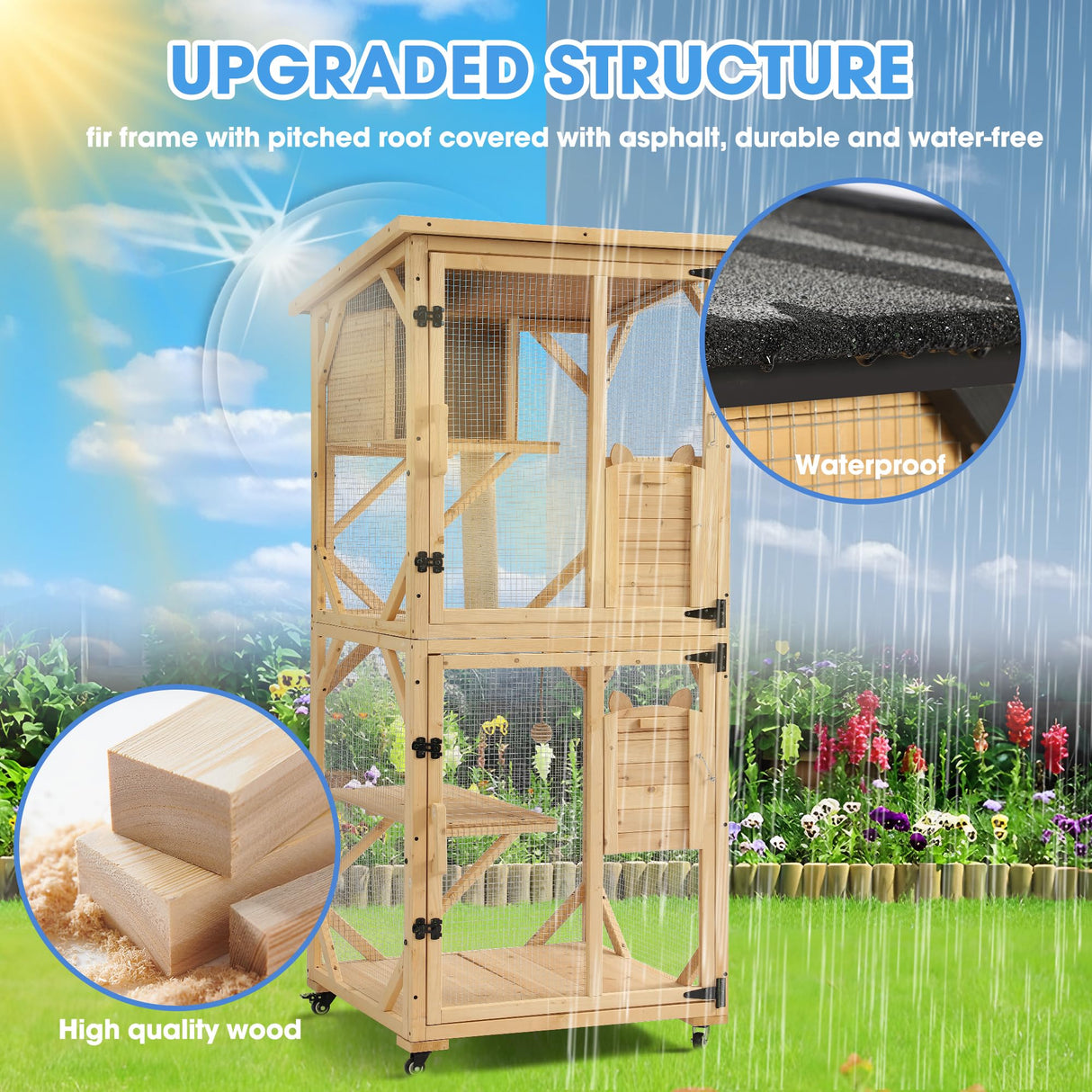 Dephet Catio Outdoor Cat Enclosure with Scratcher - 4-Tier Large Indoor Wooden Window Catio Cats House W/Asphalt Waterproof Roof, Wheels, Resting Box, Platforms, Kitten Toys Ball Dephet