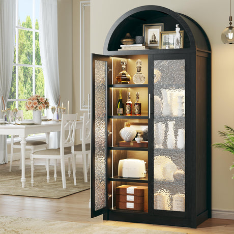 HUAHUU Arched Display Cabinet with Glass Doors, 6-Tier Curio Cabinet with 3 Color Lights for Collectibles, 71" Tall Glass Display Case with Adjustable Shelves, Storage Cabinet for Living Room, Black HUAHUU