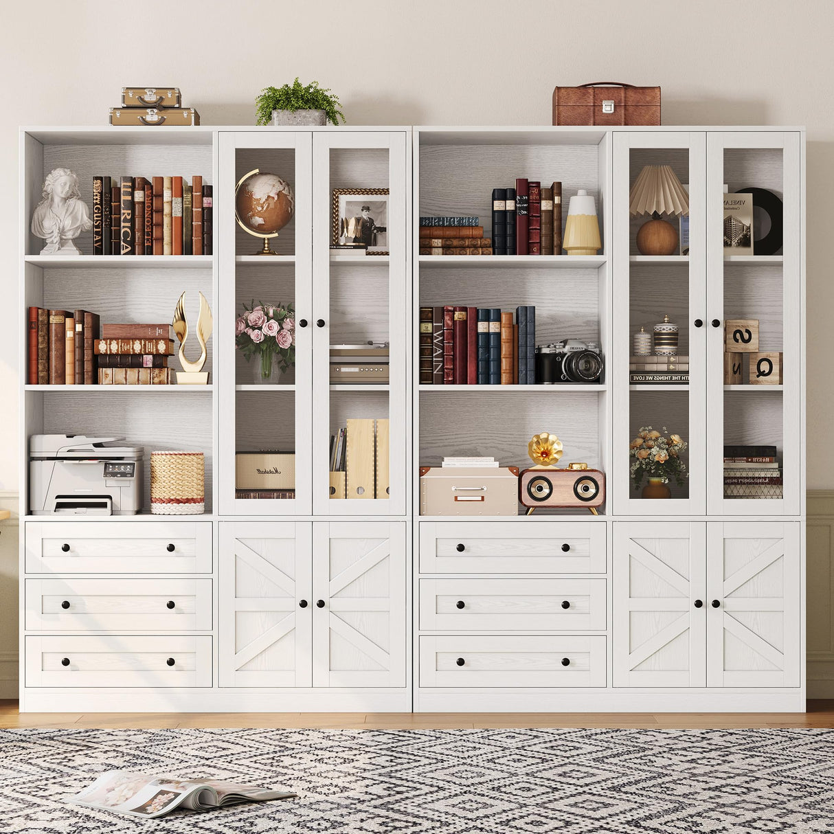IRONCK Bookshelf with Drawers, 70.63 inch Tall Bookcase with Farmhouse Doors, 6 Tiers Book Shelf with Acrylic Doors, Bookshelves and Bookcases for Home Office, Living Room, Bedroom, White IRONCK