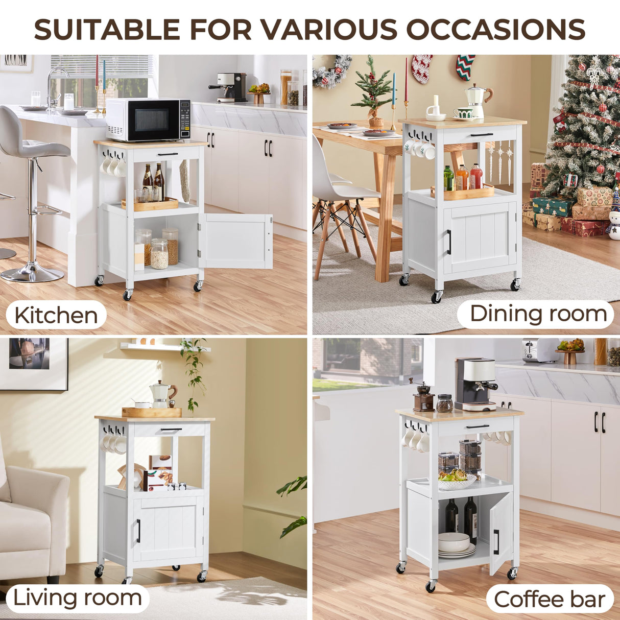 Yaheetech Rolling Kitchen Island with Single Door Cabinet, Kitchen Cart with Drawer on Swivel Wheels, Small Coffee Cart Microwave Stand with 3 Side Hooks for Dining Room, White Yaheetech