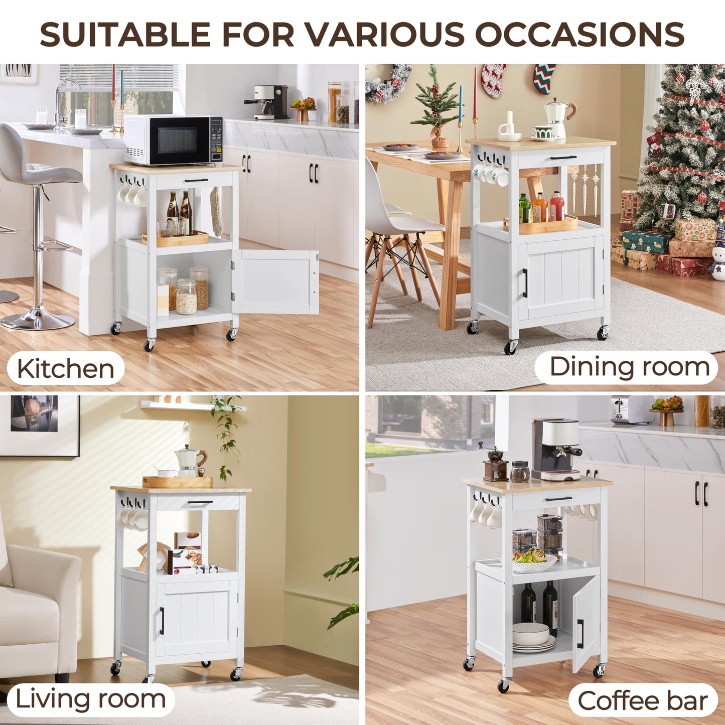 Yaheetech Rolling Kitchen Island with Single Door Cabinet, Kitchen Cart with Drawer on Swivel Wheels, Small Coffee Cart Microwave Stand with 3 Side Hooks for Dining Room, White