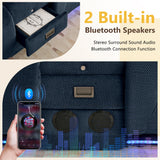 URRED Power Loveseat Recliner Sofa with Flipped Backrest Console, Wall Hugger RV Reclining Loveseat Sofa Couch with LED Light/Bluetooth Speakers/USB/Outlets/Cup Holders/Pillow/Side Pocket, Blue URRED