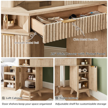 T4TREAM Fluted Makeup Vanity Desk with 3 Way Mirror and Lights, 48" Large Corner Vanity Table with Glass Top, Charging Station, 3 Drawers, Storage Cabinets & Shelves, for Bedroom, Natural Oak