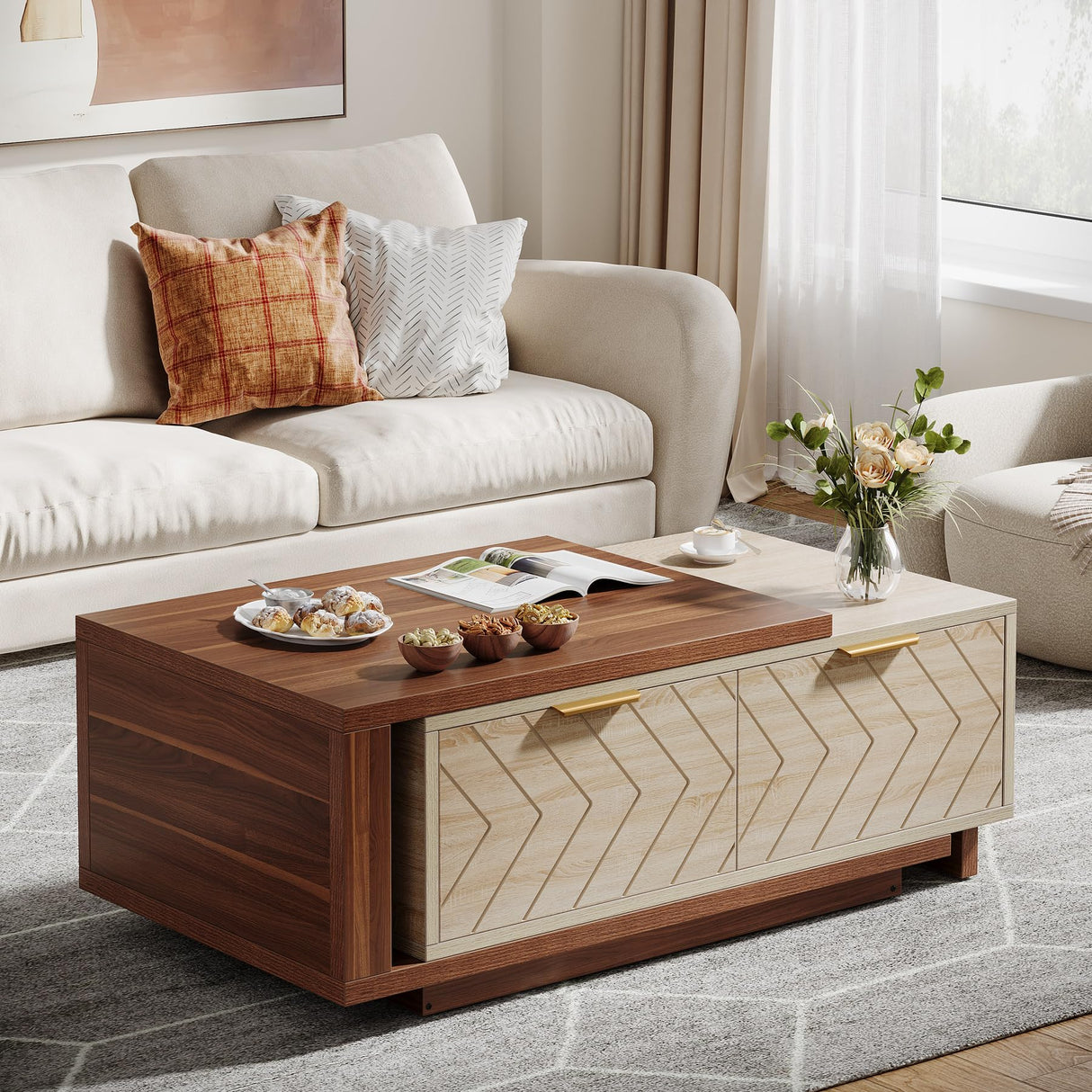 Tribesigns Extendable Coffee Table with 2 Storage Drawers, Dual-Tone Center Table with Sliding Tabletop, Multi-Functional Hidden Storage Wooden Rectangle Cocktail Table for Living Room (Walnut & Oak) Tribesigns