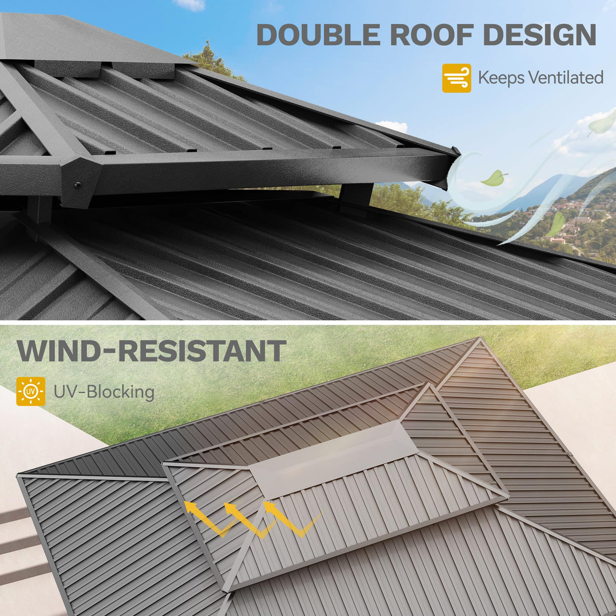 DWVO 12x16ft Gazebo Double Roof Hardtop with Nettings and Curtains, Heavy Duty Galvanized Steel Outdoor Vertical Stripes Roof for Patio, Backyard, Deck, Lawns, Grey DWVO