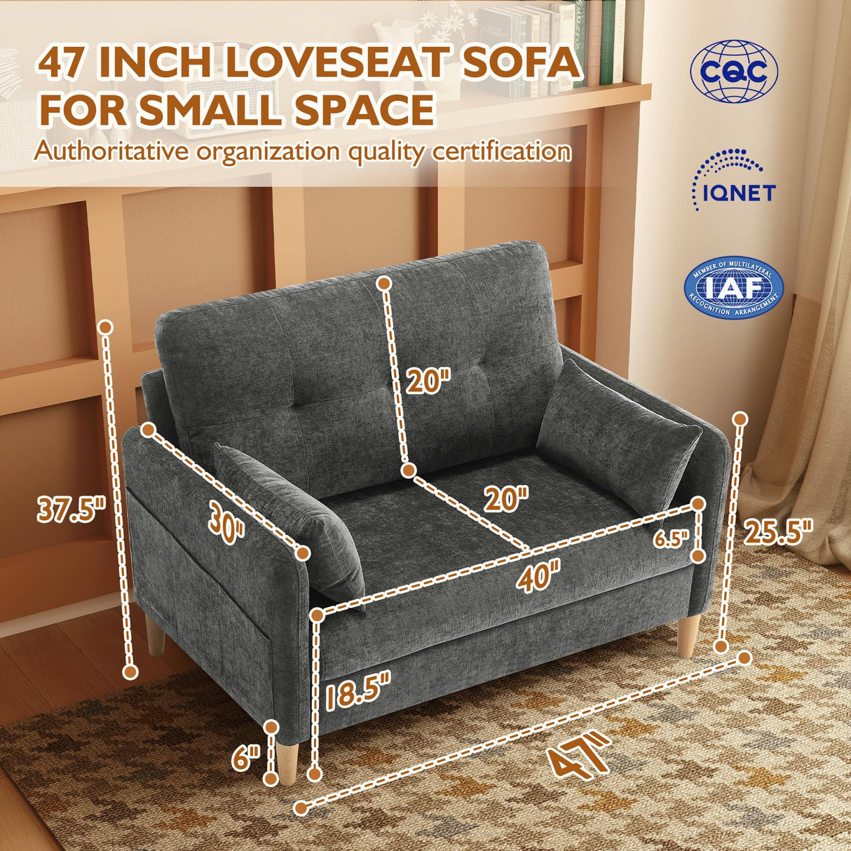 Urhanherry 47" Small Sofa Couch for Bedroom, Soft Chenille loveseat Mini Couch with Throw Pillow and Removable Cushion Cover for Small Spaces, Living Room, Apartment, Dorm, Office(Dark Grey) Urhanherry