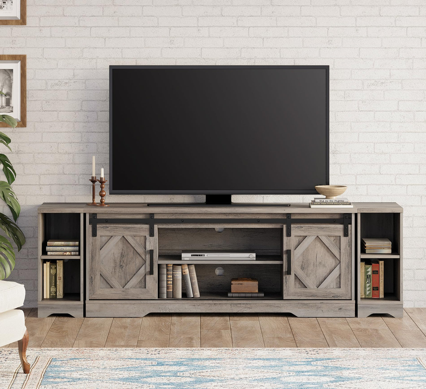 WAMPAT Modern Farmhouse TV Stand for up to 85" TVs Wood Entertainment Center with Open Storage for Living Room,Rustic Grey