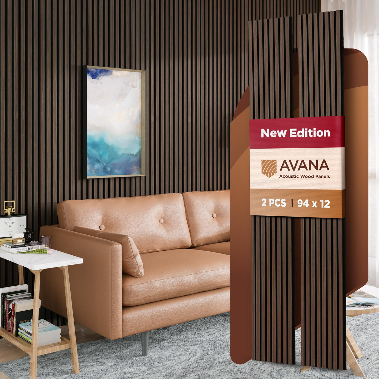 Avana Acoustic Wood Wall Panels – 94.4 x 12.6 Inch Dark Walnut Acoustic Panels 2 PCs – Wall Panels For Interior Wall Decor for Homes, Offices, Studios – Aesthetically Pleasing Wood Panels For Wall Avana