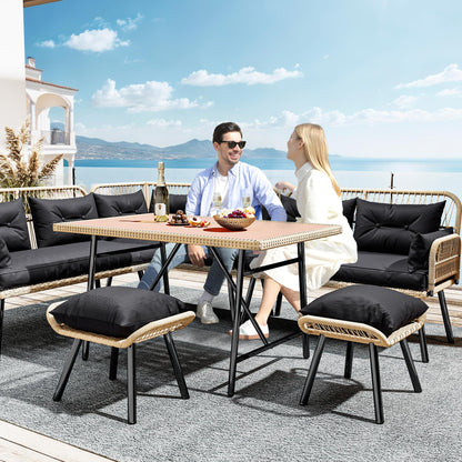 YITAHOME Patio Wicker L-Shaped Furniture Set, All-Weather Rattan Outdoor Conversation Sofa Set for Backyard Deck with Soft Cushions,Ottomans and Plastic Wood Dining Table (Light Brown+Black)