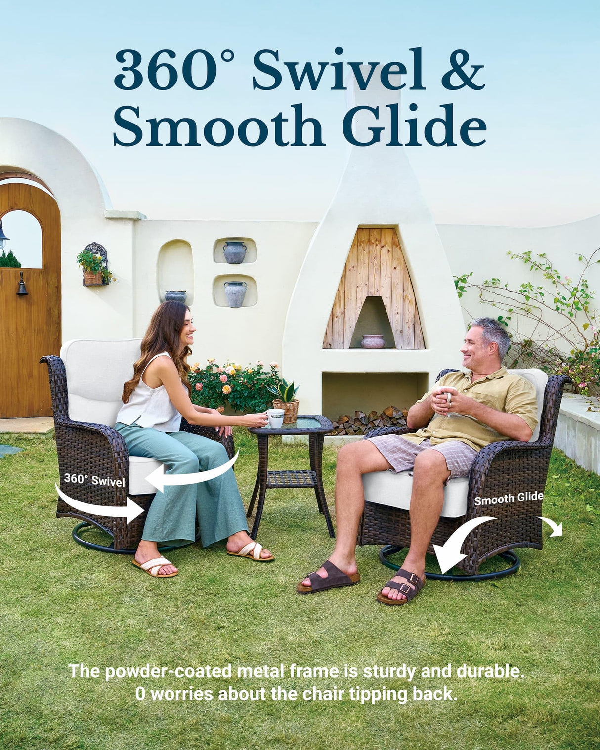 Luxury Outdoor Swivel Rocker Chairs High Back, 3 Piece Patio Rocking Chairs with Thick Cushions, Oversized Bistro Set with Small Side Table, for Porch, Outside, Pool, Deck, Yard, Garden (Rice White) HILLGA