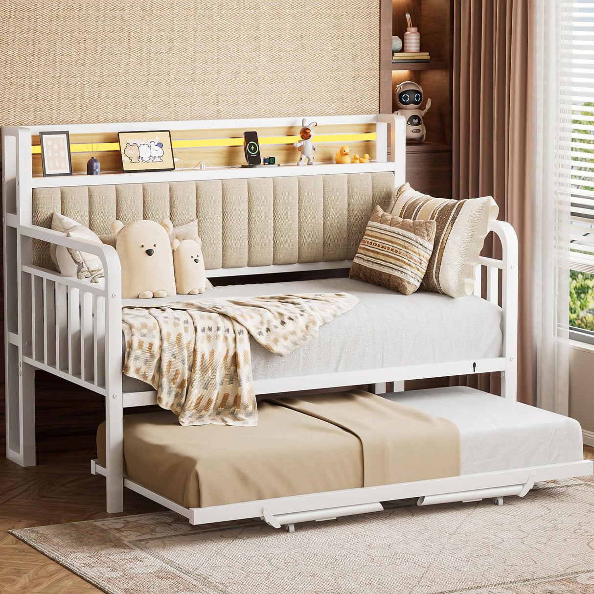 Daybed with Trundle and LED Light, Heavy Duty Metal Twin Bed Frame with Upholstered Storage Headboard & Charging Station, Day Bed Pop Up Trundle Bed Twin for Living Room,Bedroom and Guest Room, White Jocoevol