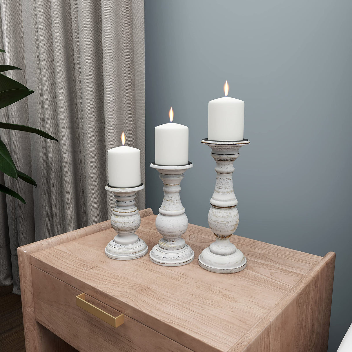 Deco 79 Mango Wood Decorative Candle Holder Turned Style Pillar Candle Stand, Set of 3 Candlestick Holder 10", 8", 6”H, White Deco 79