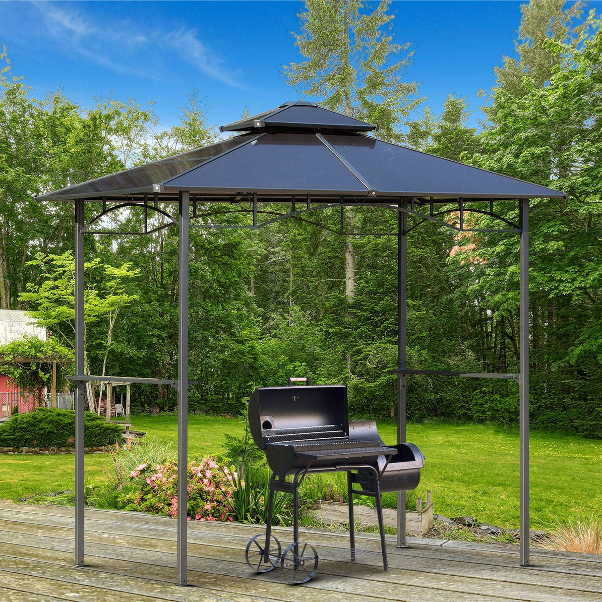 Outsunny 8' x 5' Barbecue Grill Gazebo Tent, Outdoor BBQ Canopy with Side Shelves, and Double Layer PC Roof, Brown Outsunny