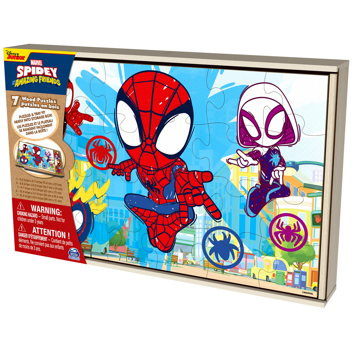 Marvel Spidey and his Amazing Friends 7 Wood Jigsaw Puzzles with Sliding Wood Storage Box- Spidey and his Amazing Friends Toys for Kids Ages 4+ Spin Master Games