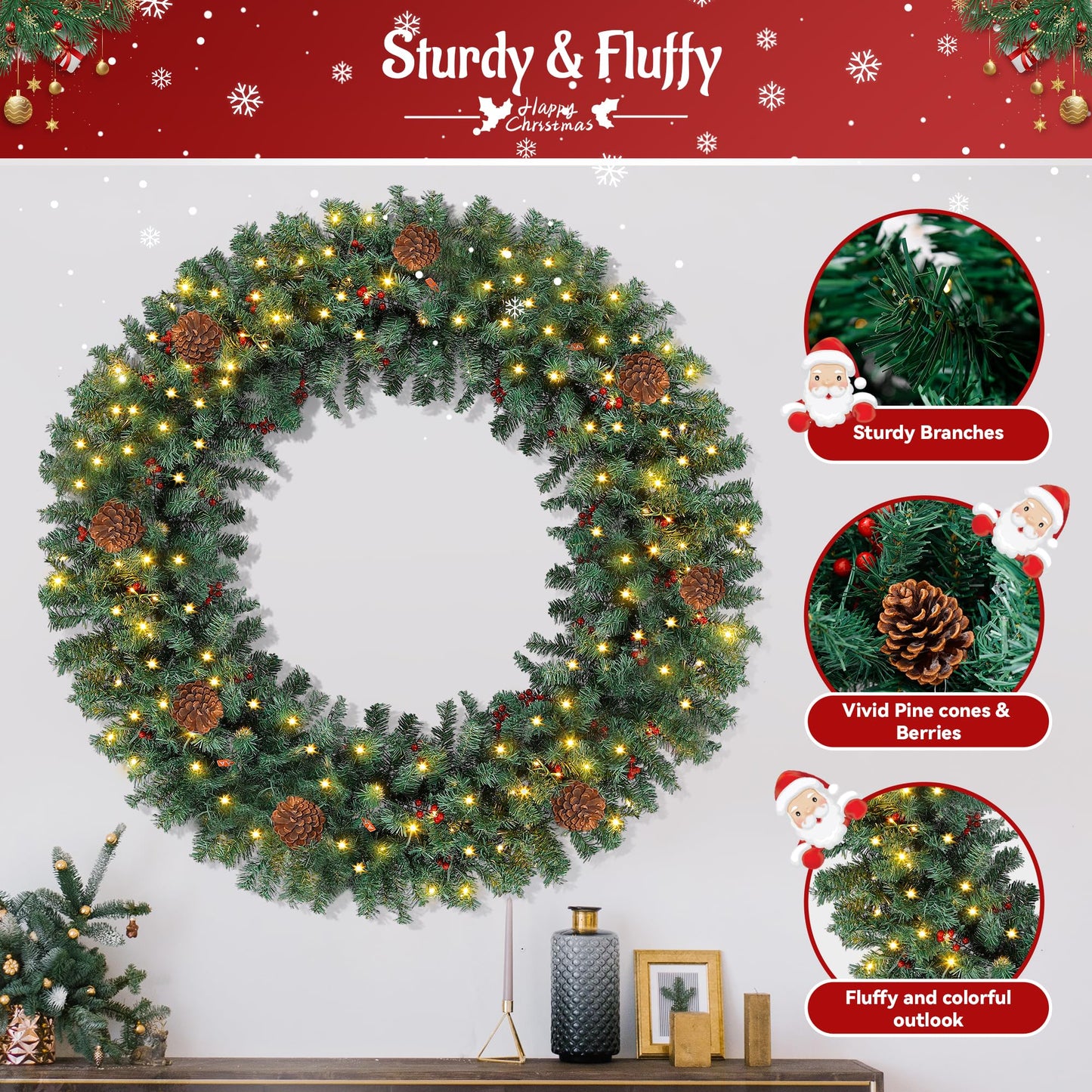 Prelit Christmas Wreath 60 Inches Large Outdoor Christmas Wreath 220 Warm White LED Lights, Artificial Lighted Christmas Wreath Winter Wreath with 630 PVC Tips Vivid Pine Cones and Berry Clusters