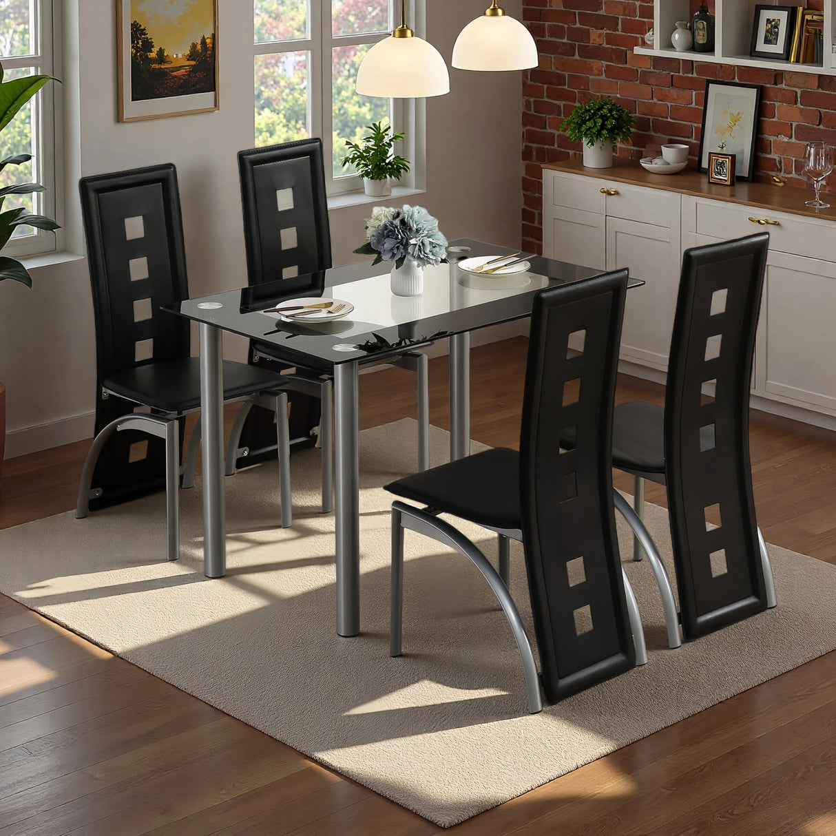 Karl home 5-Piece Dining Table Set with 1 Glass Dining Table and 4 PVC Chairs, Modern Dining Table Set for Kitchen & Breakfast Dining Living Room, Space Saving Karl home