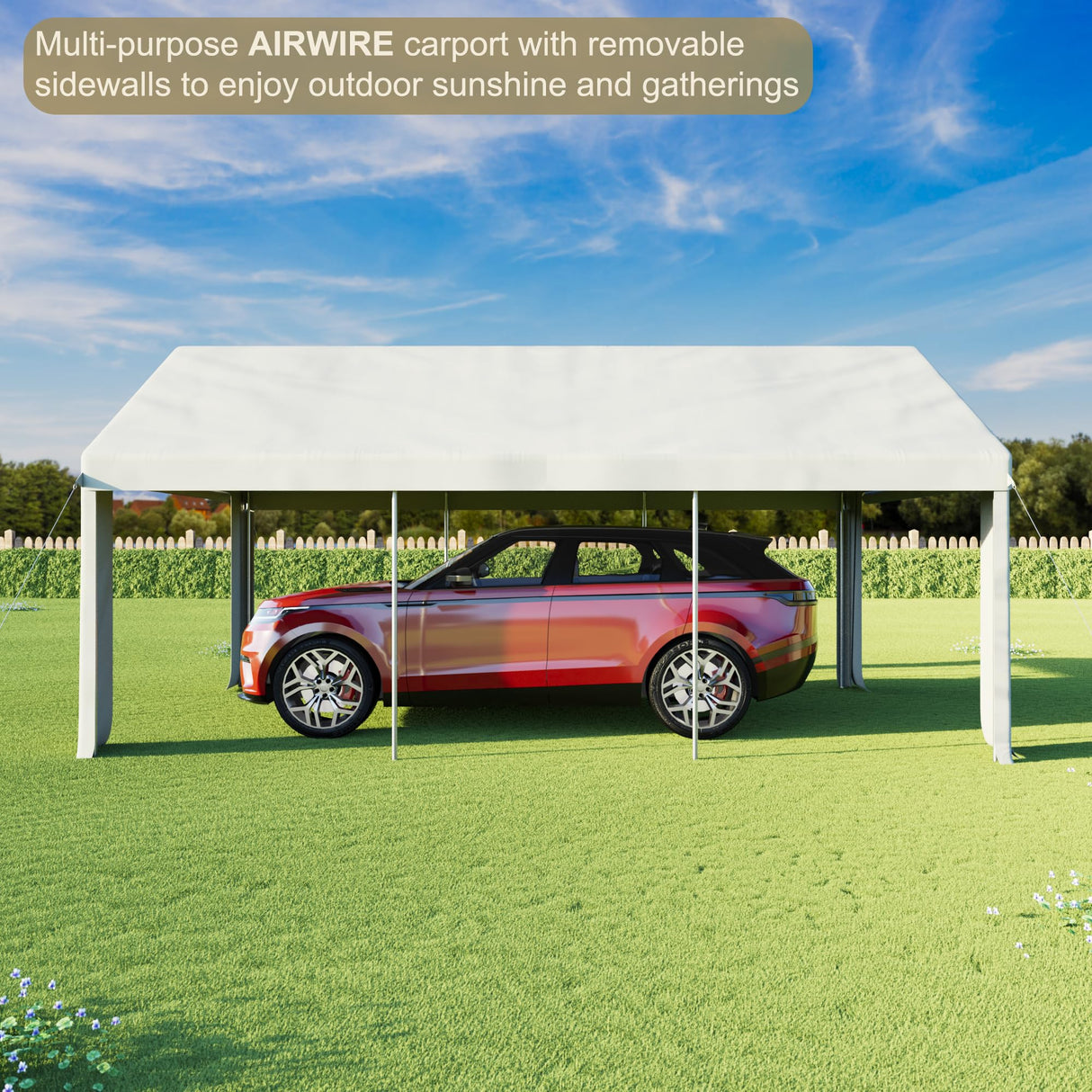 AirWire Carport 12' x 20' Heavy Duty Portable Garage, Carport Canopy with Side-Opening Door & Roll-Up Windows, Car Canopy Reinforced Four-Hole Base for Car, Truck, Boat, Party, White AirWire