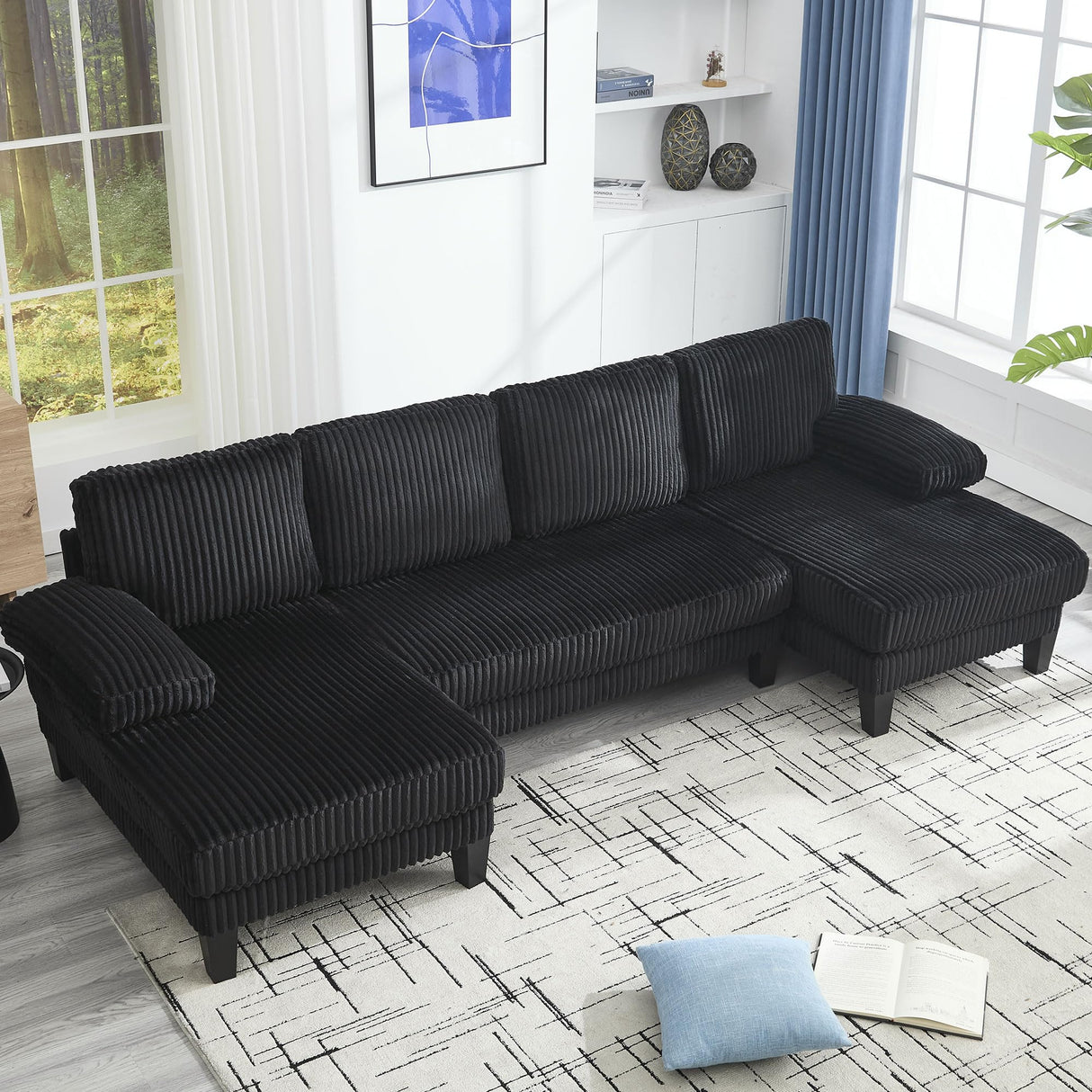 KEIKI 114" U-Shaped Oversized Modular Velvet Sectional Sofa with 2 Chaise Lounge, Modern Style Upholstered 4-Seater Couch with Soft Seat Cushions, Easy Assembly, for Apartment, Living Room, Black KEIKI