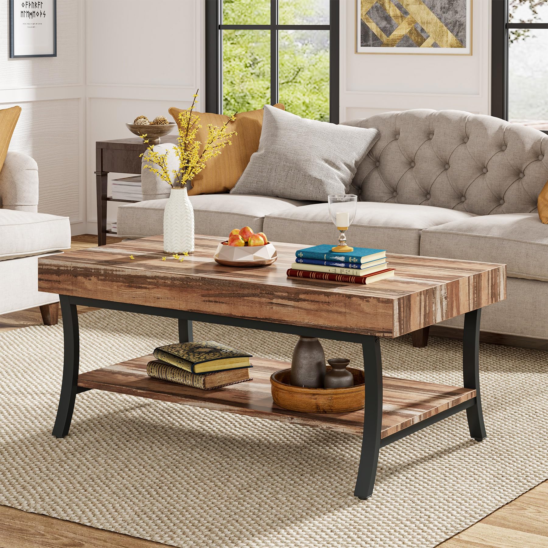 Tribesigns Farmhouse Coffee Table with Storage, 2-Tier Rustic Living Room Table Industrial Center Table Wooden Low Rectangle Cocktail Tea Table, Oak & Black - WoodArtSupply