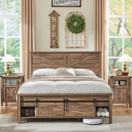 JXQTLINGMU Queen Farmhouse Wood Bed Frame with Sliding Barn Door Storage Cabinets, Solid Wood Slats Support, Noiseless, No Box Spring Needed, Warm Brown JXQTLINGMU