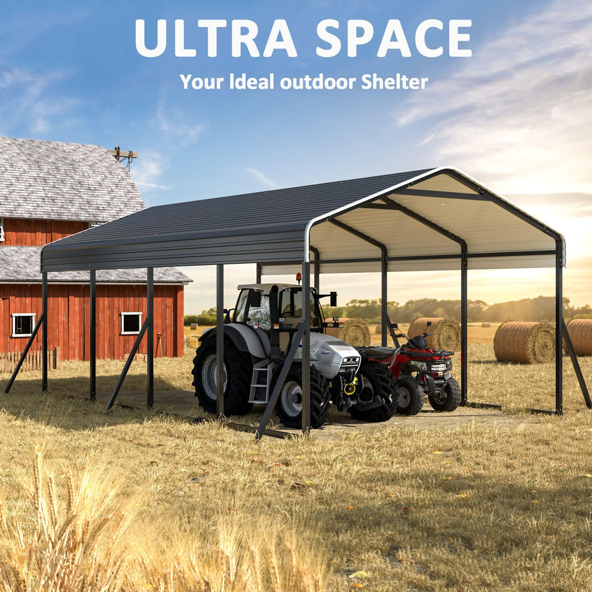 DAUSOLA Carport 12x20 FT Heavy Duty Carports Canopy with Updated Frame Structure Galvanized Steel Roof and Enhanced Base, Metal Carport Garage for Pickup, Boat, Car and Tractors DAUSOLA