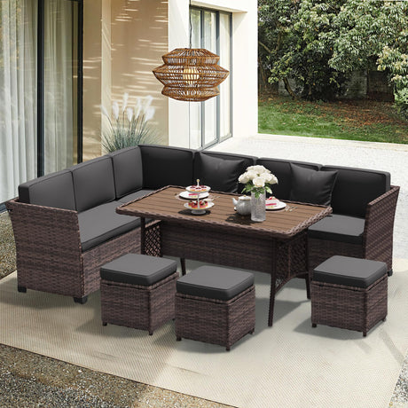 YOCONYO Patio Furniture Set, 7 Pieces Outdoor Dining Sets, All Weather Rattan Conversation Set Outdoor Dining Sectional Sofa with Dining Table, Ottoman (Brown-Drak Grey, B-7 Pieces) YOCONYO