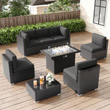 LayinSun 8 Pieces Patio Furniture Set with Fire Pit Table, Black Rattan Modular Sectional Patio Conversation Sofa Set LayinSun