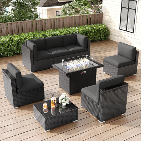 LayinSun 8 Pieces Patio Furniture Set with Fire Pit Table, Black Rattan Modular Sectional Patio Conversation Sofa Set LayinSun
