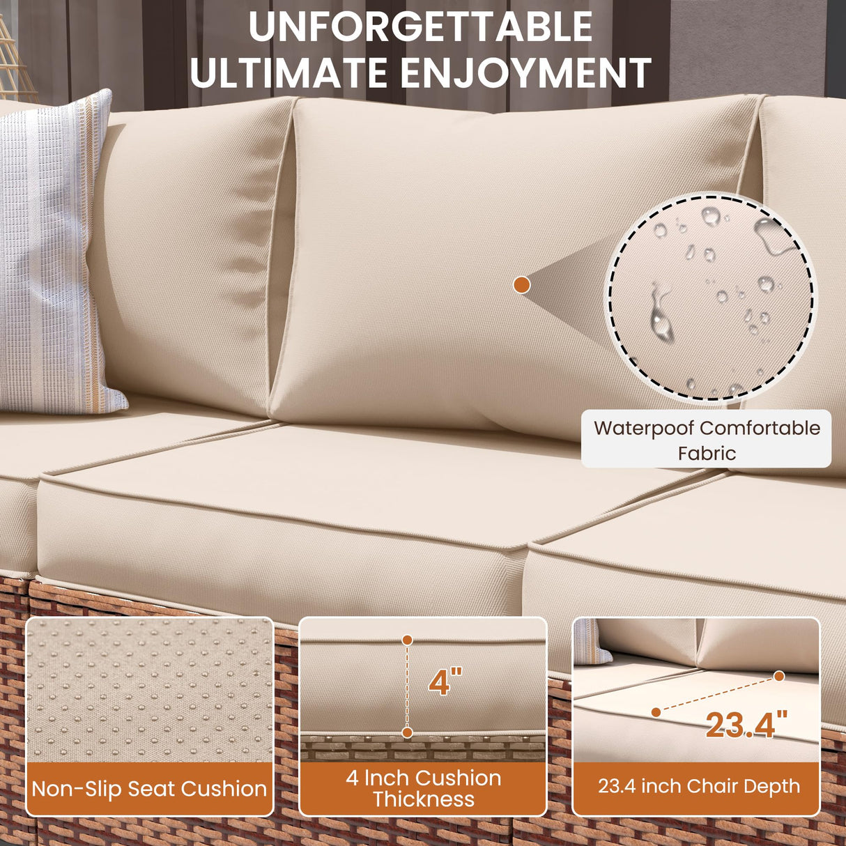 UDPATIO Patio Furniture Set with Fire Pit Table, 4 Pieces Outdoor Furniture Sets, Wicker Rattan Patio Conversation Sets with Outdoor Sofa Waterproof Covers for Porch Deck Backyard, Khaki UDPATIO