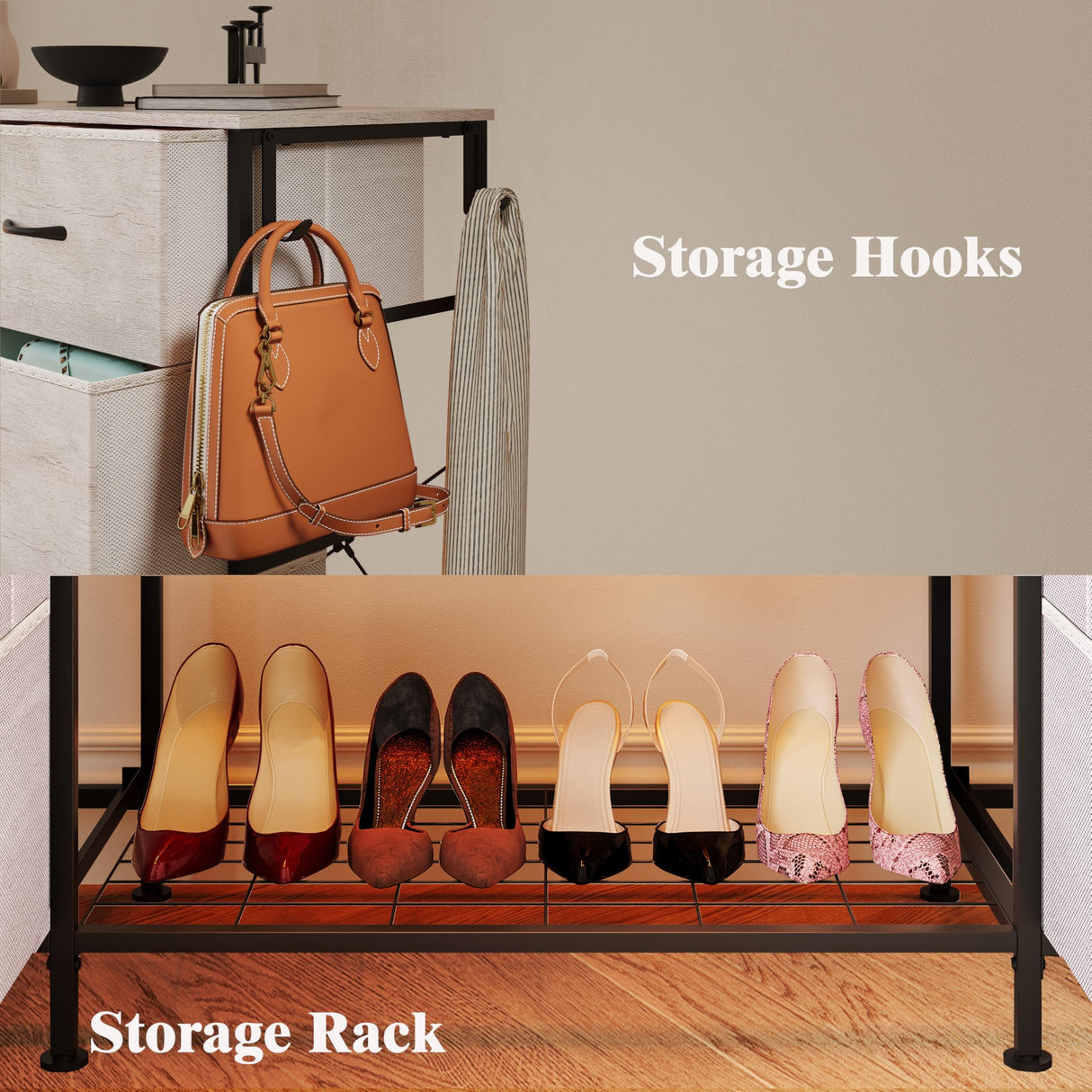 LUMTOK 55W 2-in-1 Dresser with Hanging Rack, 10 Drawers Dresser for Bedroom,Dressers with Fabric Drawers,LED Lights, Charging Station and Hanging Racks for Bedroom (Greige) LUMTOK